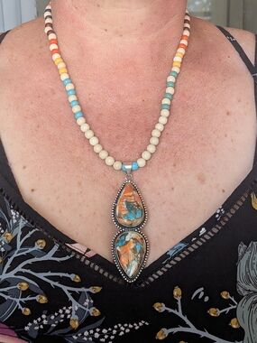 Handmade Turquoise & Orange Beaded Pendant Necklace